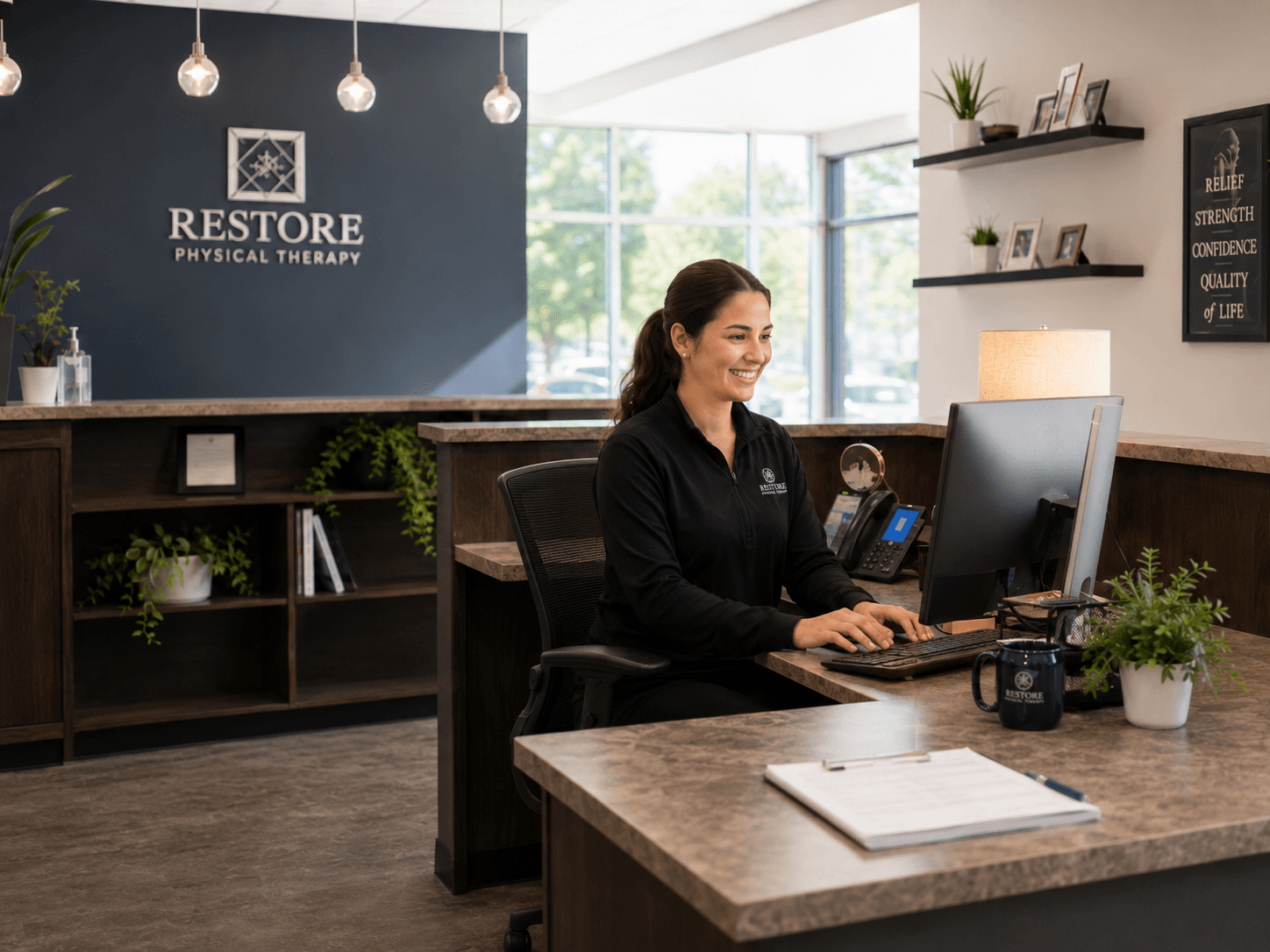 A clinic front-desk team starting their Monday morning, calm and ready, with the Recovery Report on the screen.