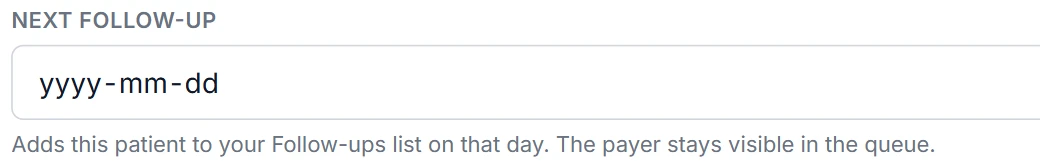 Detail of the same view: the Log call form’s Next follow-up date field, which adds the follow-up to the Follow-ups list on that day.