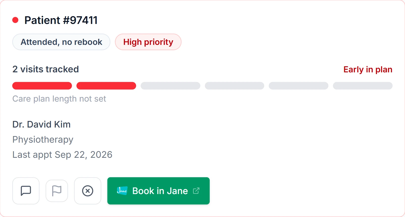 One patient follow-up in Caretrics for a demo clinic: Patient #97411, attended, no rebook, high priority. 2 visits tracked, early in plan, care plan length not set. Dr. David Kim, Physiotherapy, last appointment Sep 22, 2026. Buttons to add a note, flag, dismiss or book in Jane.